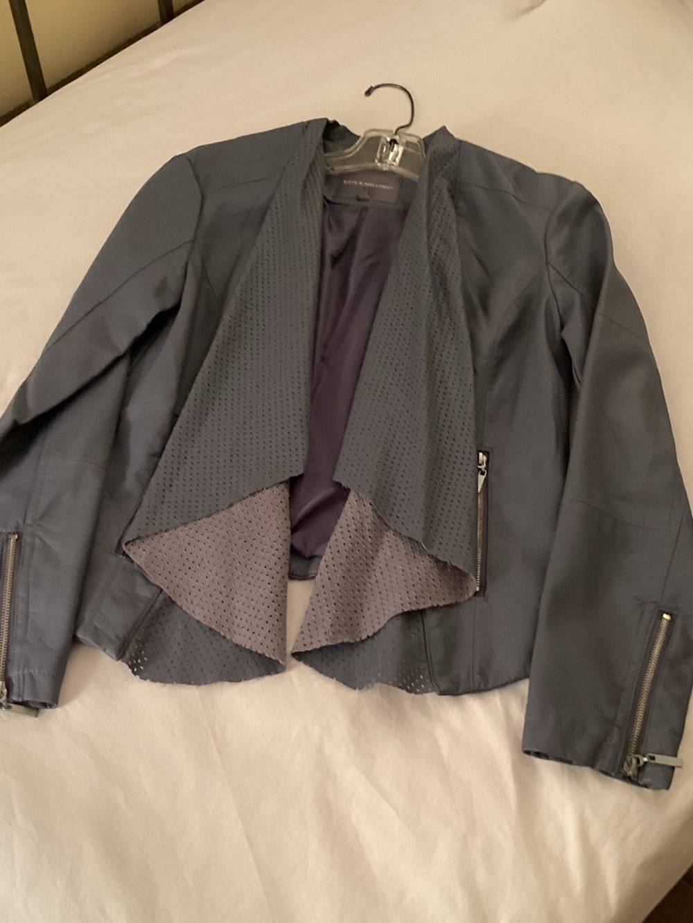Kate & Mallory Slate Blue Perforated Cascade Front Jacket